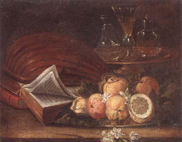 unknow artist Still life of a lute,books,apples and lemons,together with a gilt tazza with a wine glass and decanters,all upon a stone ledge China oil painting art